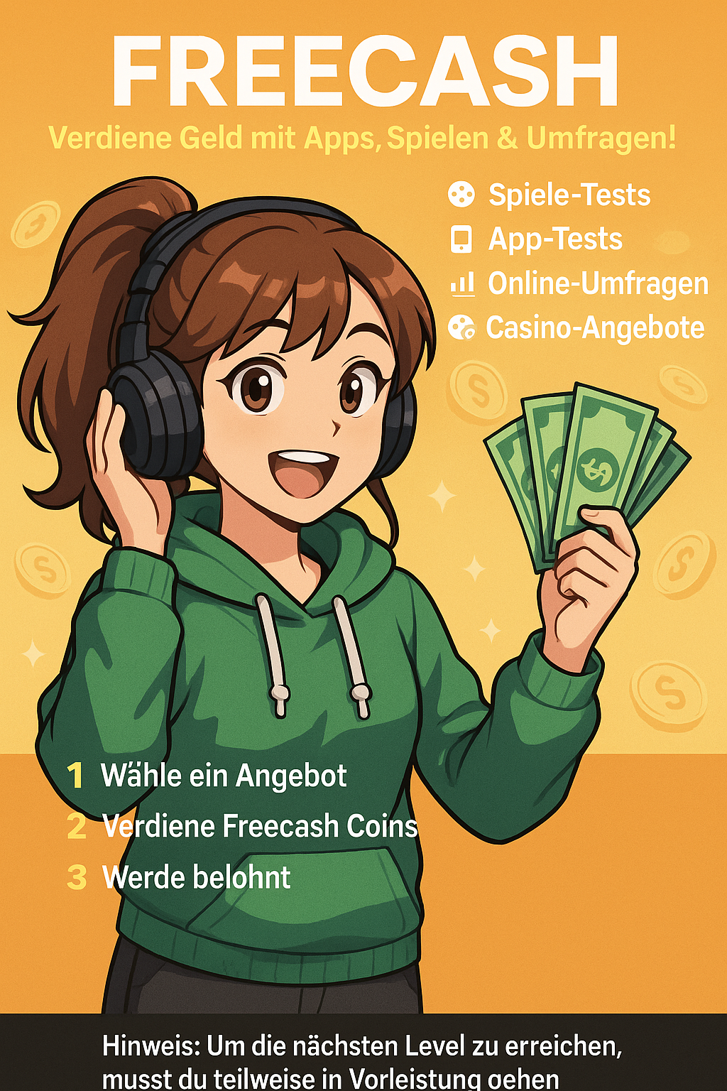 Freecash,Nebenverdienst,OnlineGeldverdienen,AppTests,Umfragen,ExtraCash,LevelUp